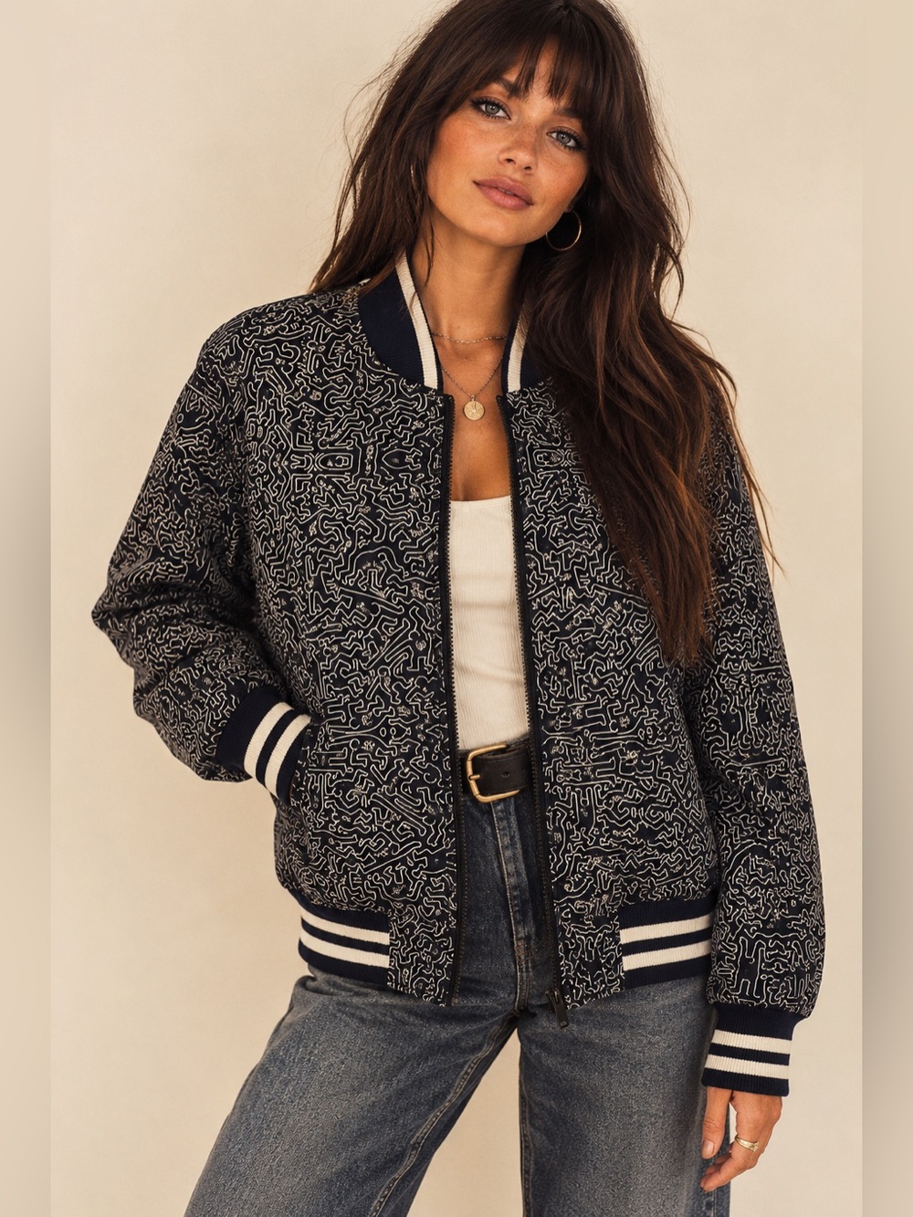 Vintage Woven Pattern Bomber Jacket | Navy Blue | Size 2XL